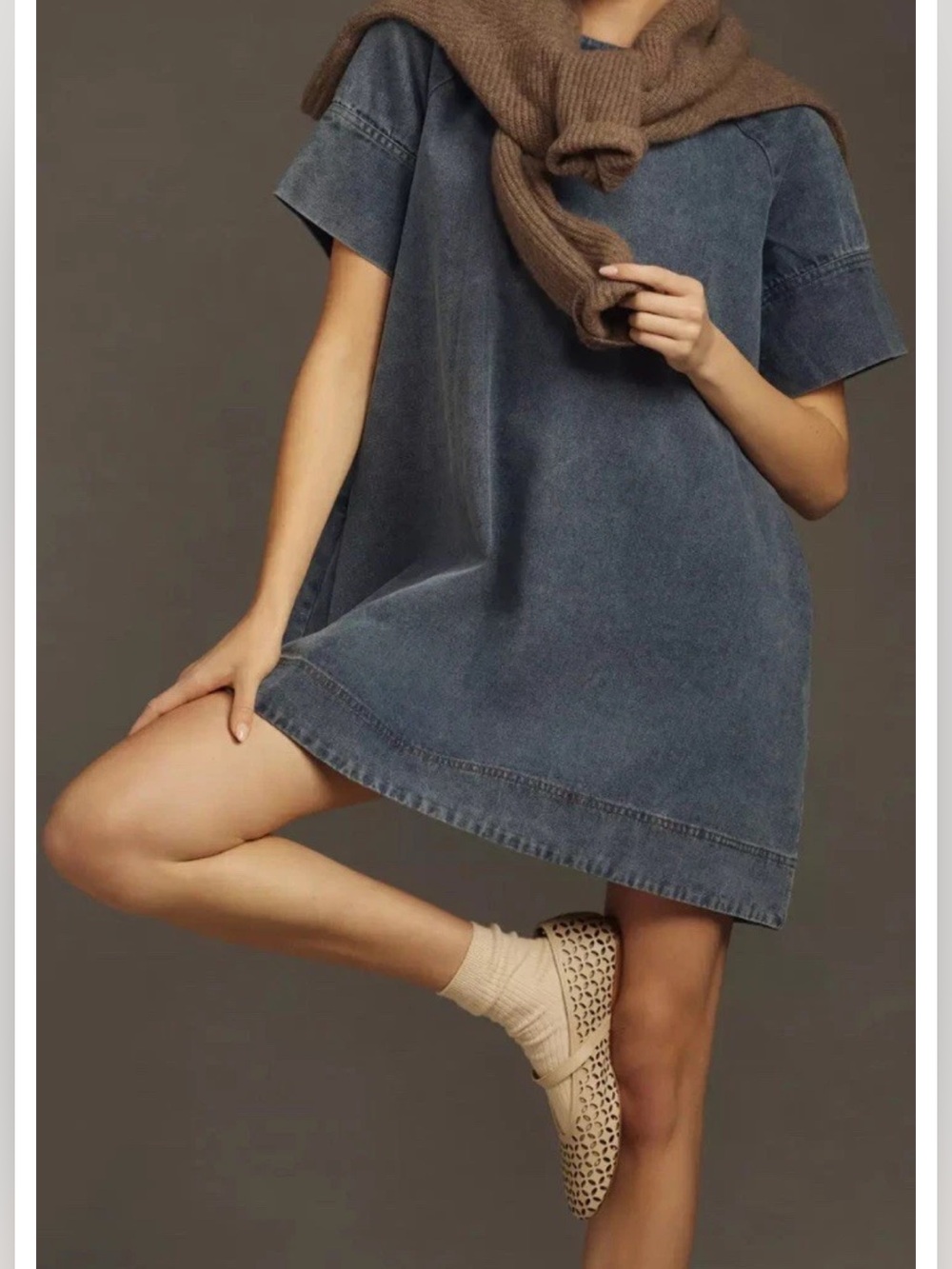 Porridge Washed Denim Midi Dress short sleeve Medium A shape country shift wear